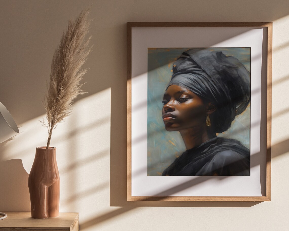 Black Woman in Headwrap Portrait Soft Oil Painting Art Poster - Image 4