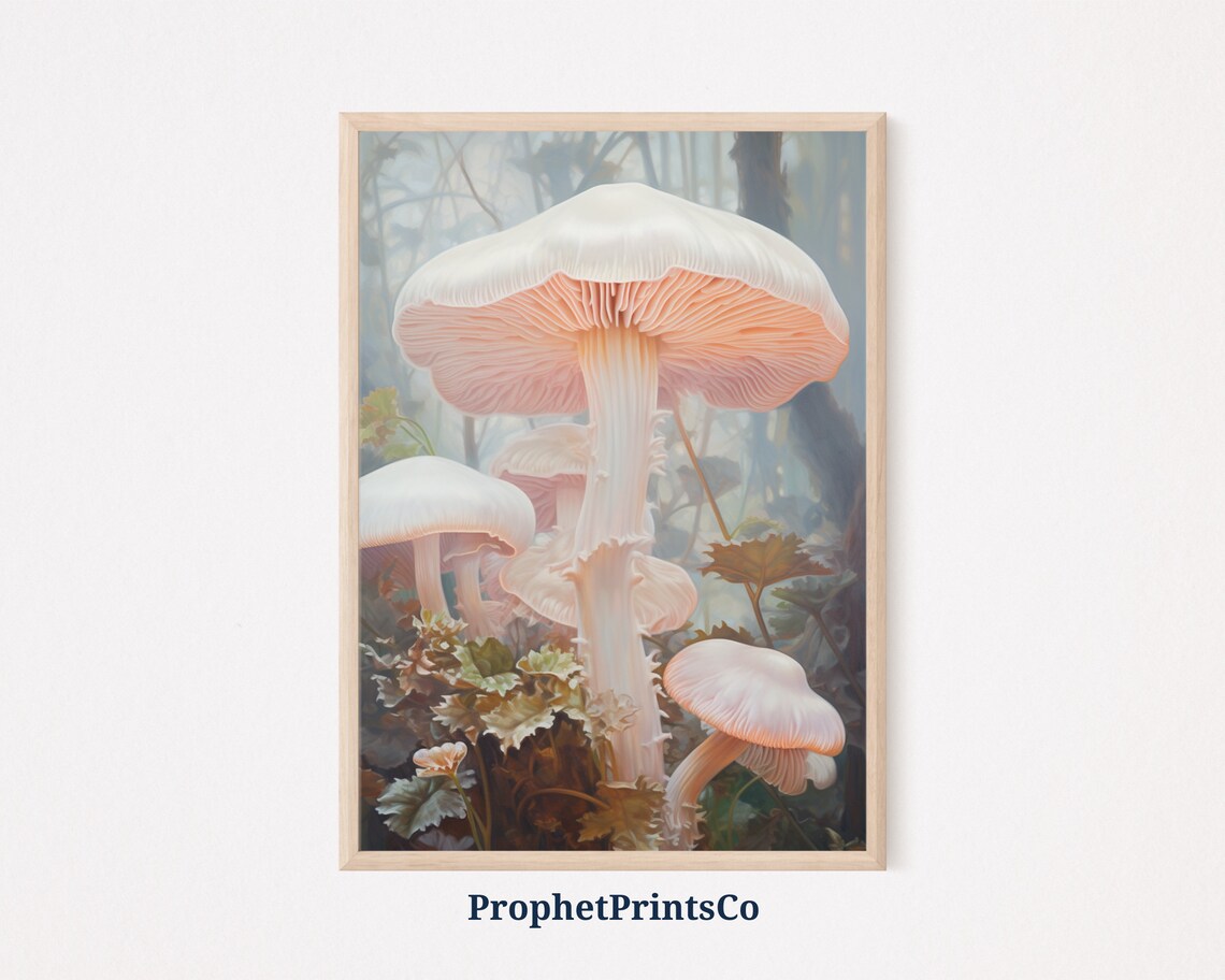 Giant Blush Mushrooms in Foggy Woodland Fairytale Forest Painting Poster