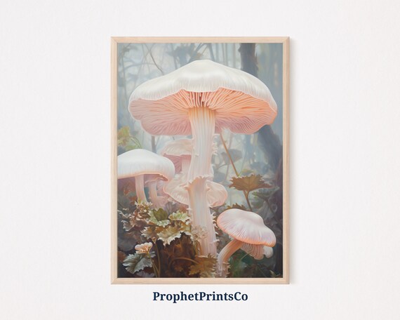 Giant Blush Mushrooms in Foggy Woodland Fairytale Forest Painting Poster
