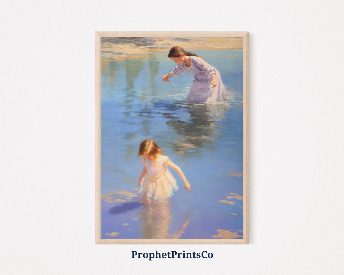 Mother and Child Wading Blue Water Impressionist Painting Poster
