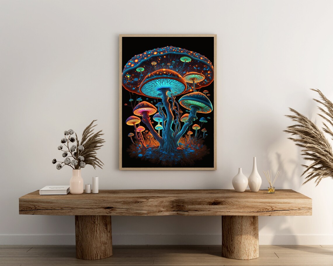 Neon Glowing Mushroom Cluster On Black Bioluminescent Art Poster - Image 3