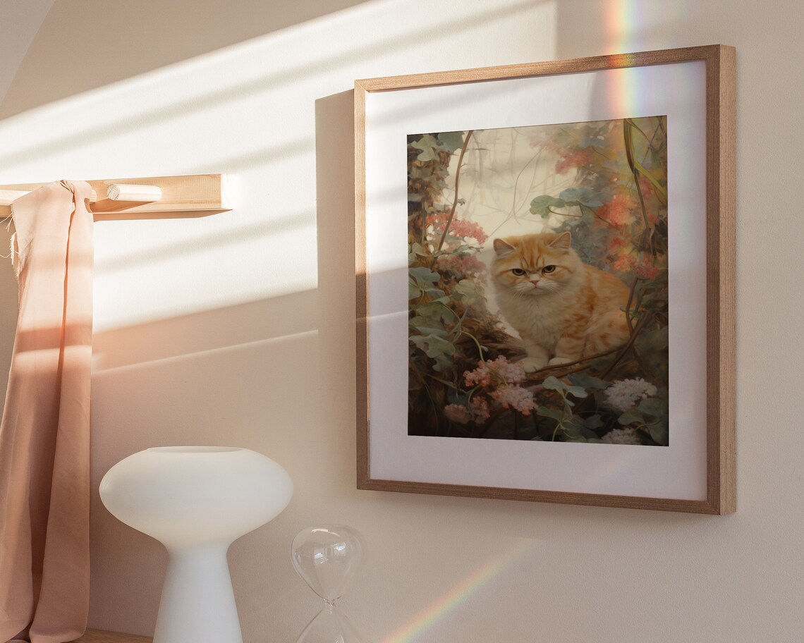 Ginger Cat Among Pink Blossoms Vintage Botanical Feline Oil Painting Poster - Image 3