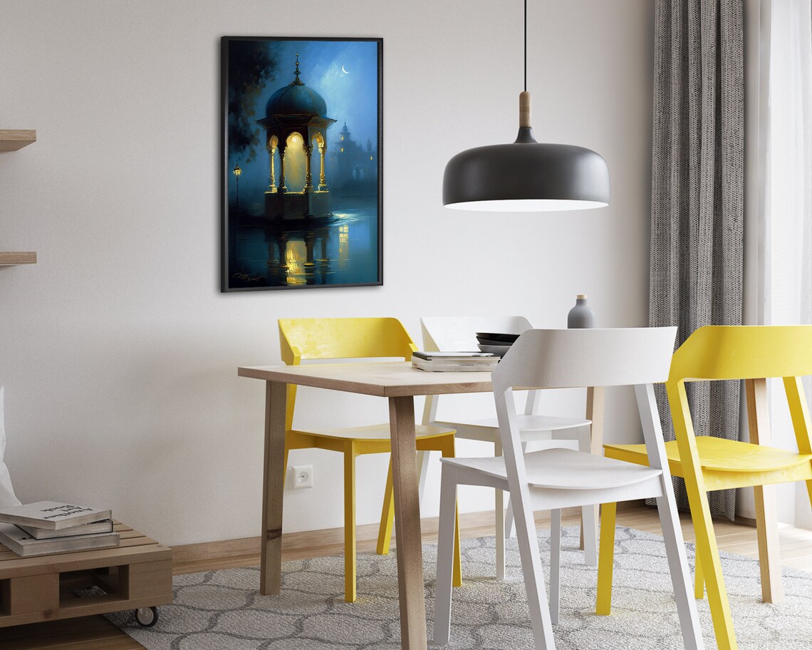 Moonlit Domed Pavilion Over Water Islamic Night Painting Poster - Image 2