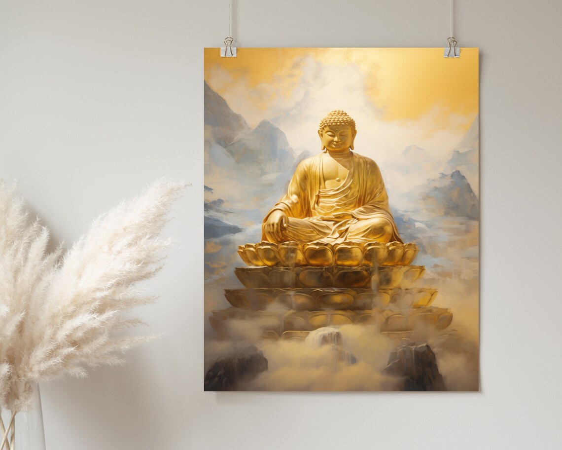 Golden Buddha Lotus Throne Mountain Mist Spiritual Painting Poster - Image 2
