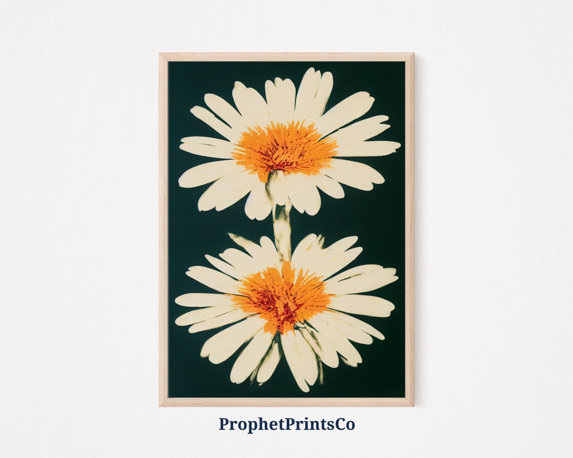 White Daisies Dark Green Boho Floral Botanical Minimal Wall Poster