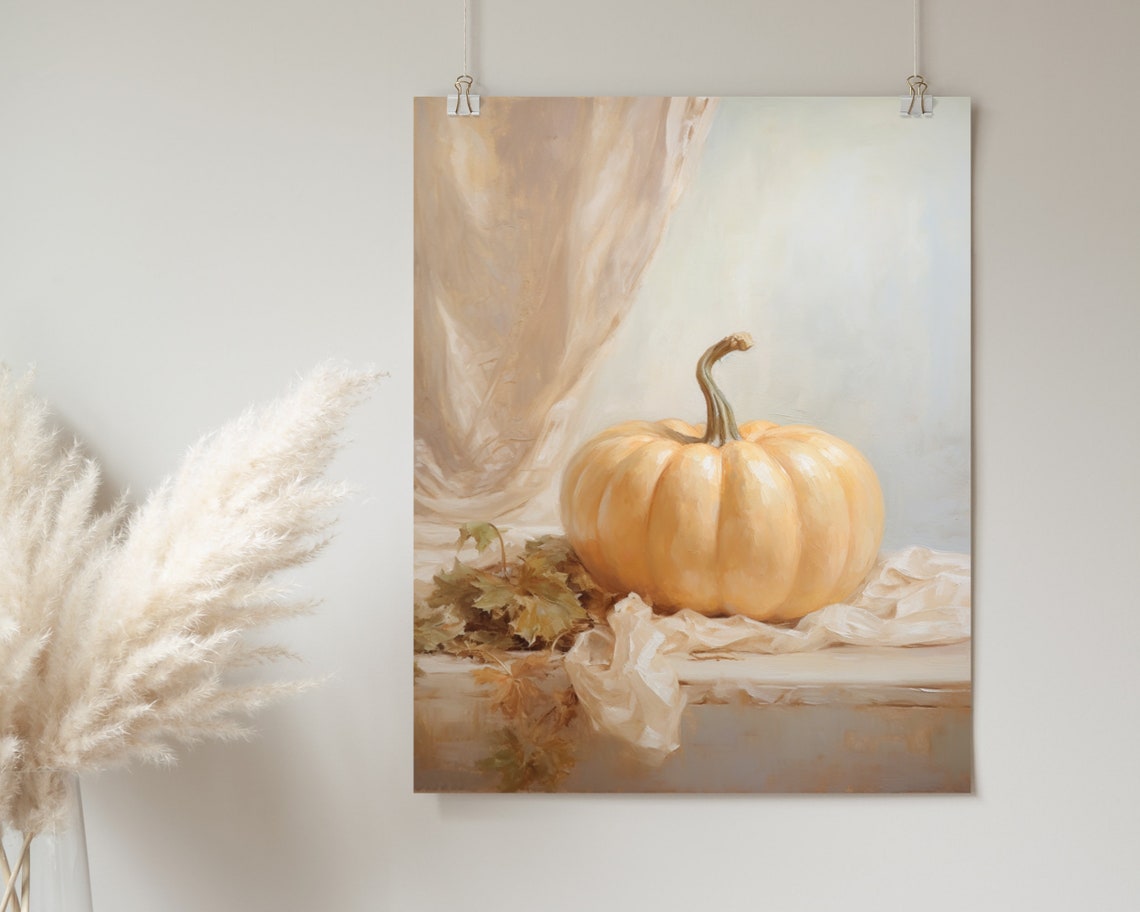 Cream Pumpkin With Curtain Soft Neutral Fall Still Life Poster - Image 2