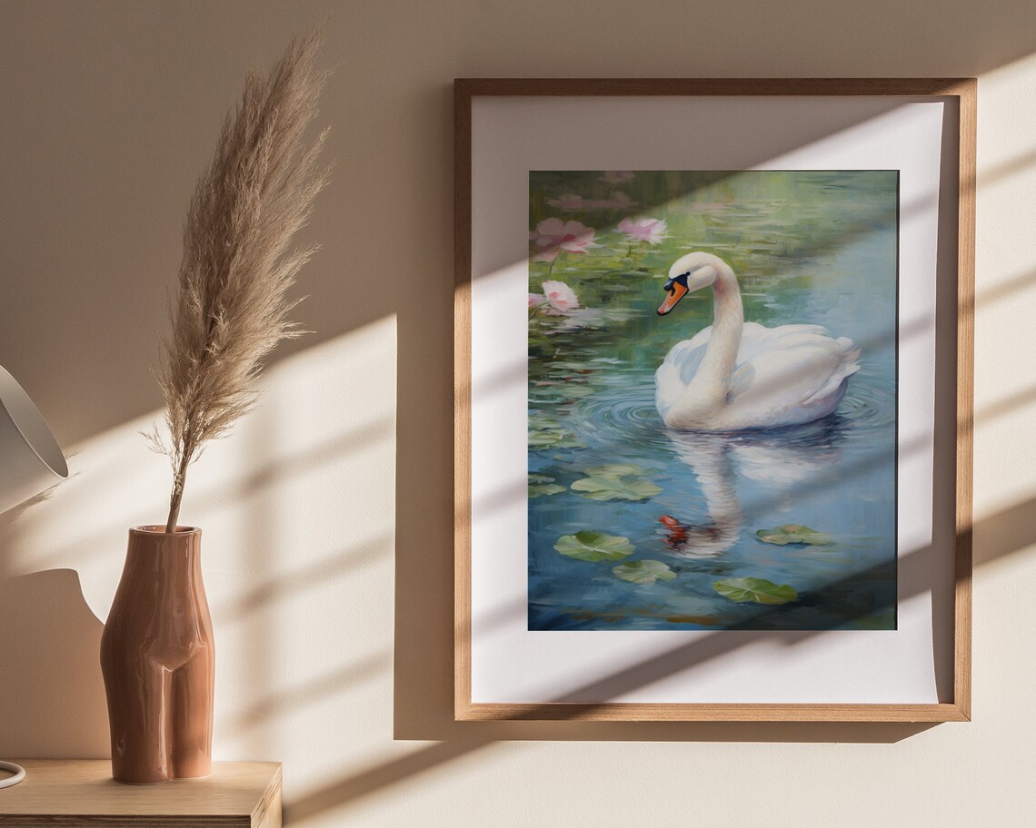 White Swan Water Lilies Blue Pond Impressionist Painting Poster - Image 4