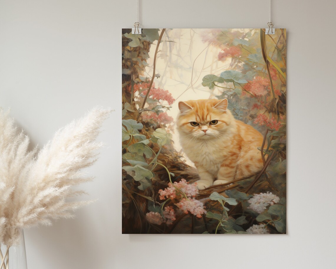 Ginger Cat Among Pink Blossoms Vintage Botanical Feline Oil Painting Poster - Image 2