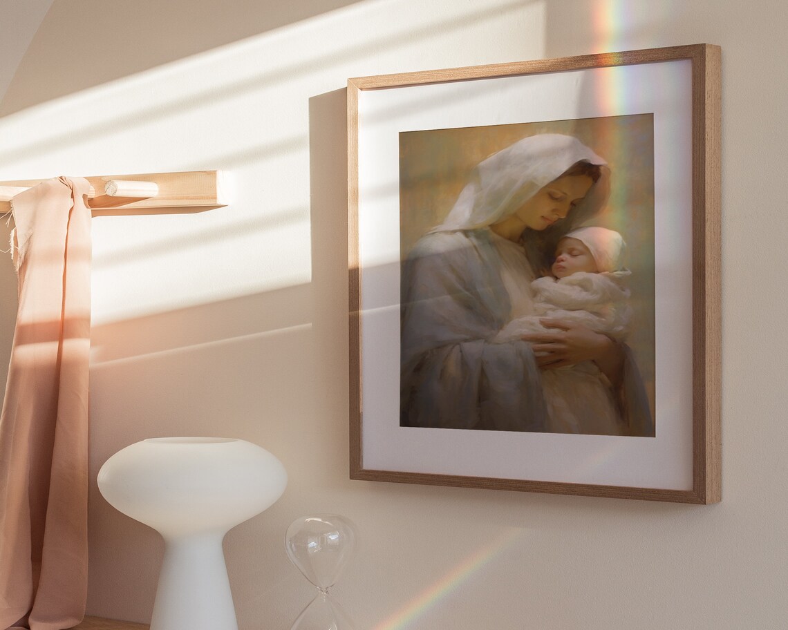 Tender Madonna and Child White Veil Religious Oil Painting Poster - Image 3