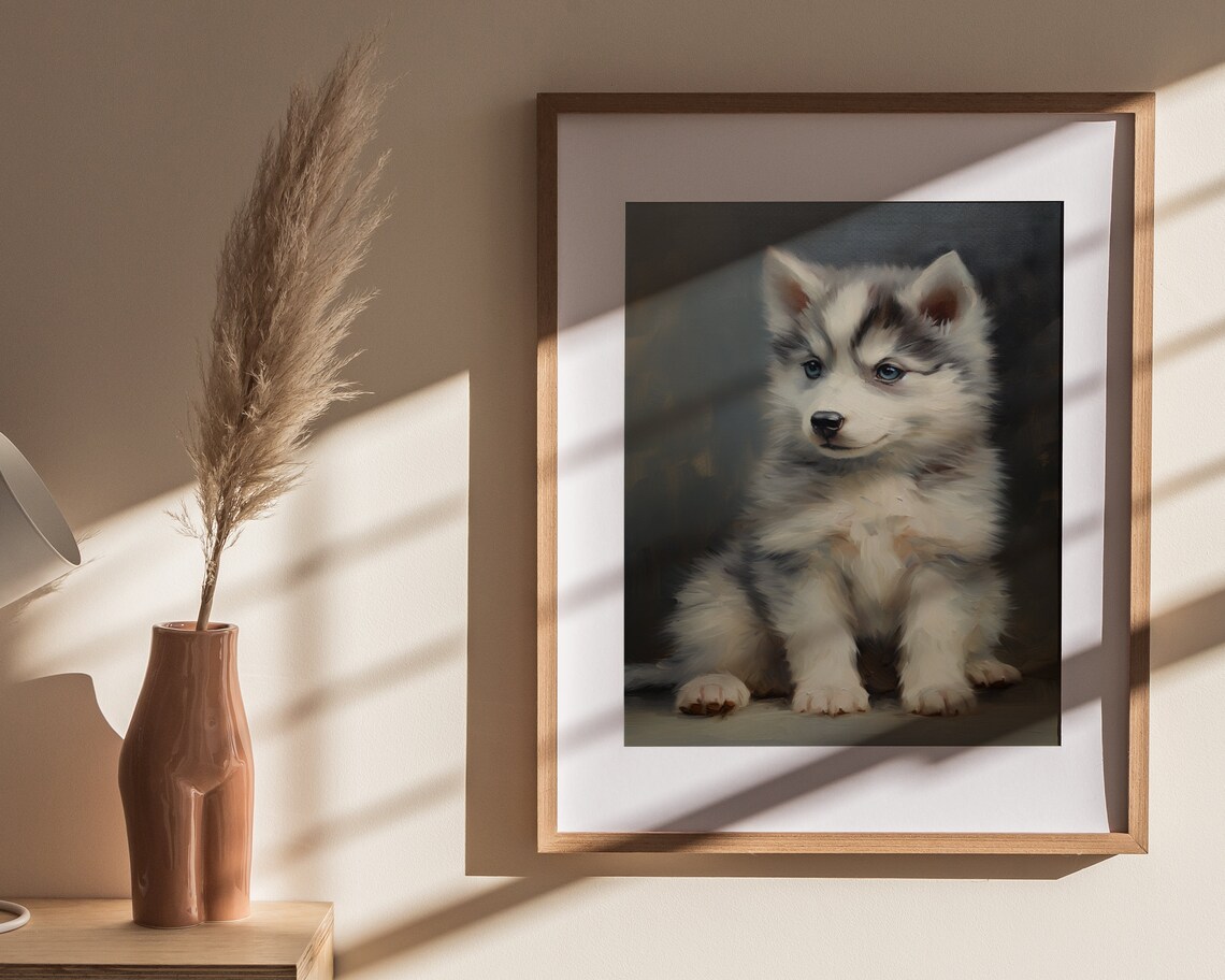 Fluffy Husky Puppy on Dark Background Dramatic Puppy Portrait Painting Poster - Image 4