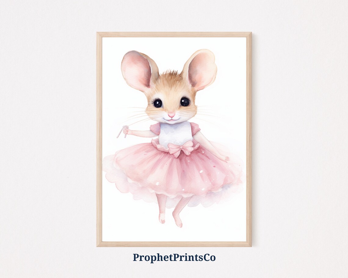 Cute Ballerina Mouse Pink Tutu Watercolor Nursery Wall Poster
