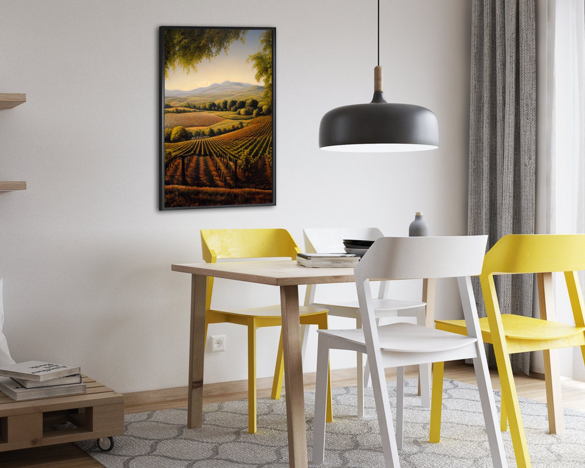 Sunset Vineyard Rows Rolling Hills Golden Oil Painting Art Poster - Image 2