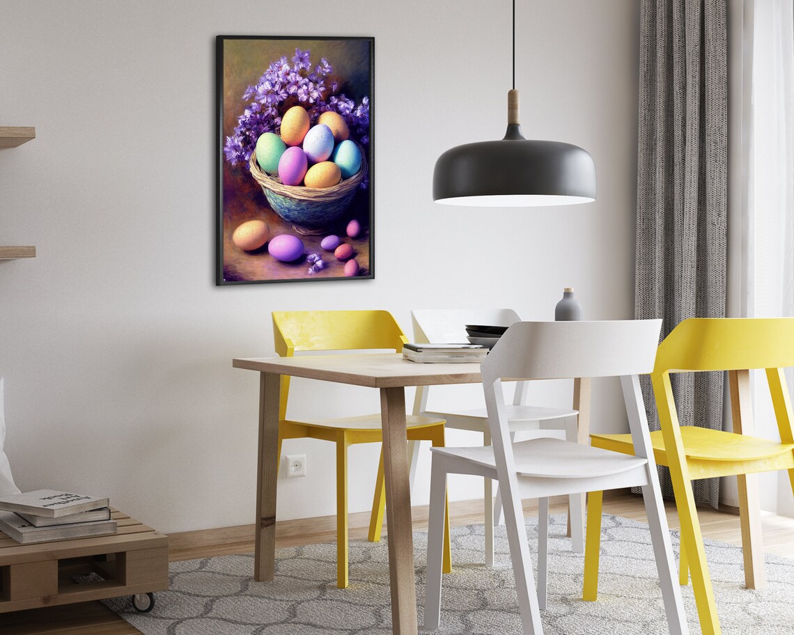 Pastel Easter Eggs in a Woven Basket With Lilac Flowers Poster - Image 2