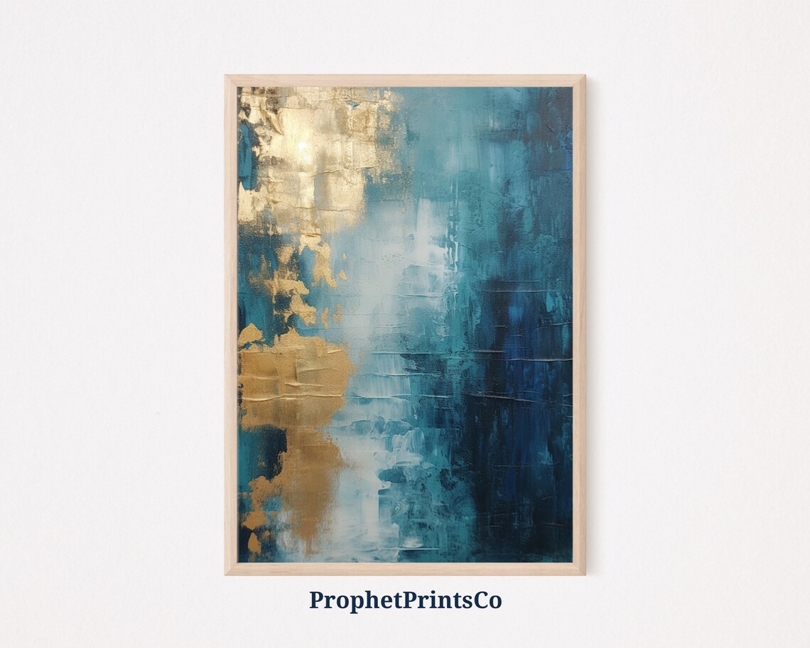 Teal Blue And Gold Leaf Abstract Painting Modern Elegant Wall Poster