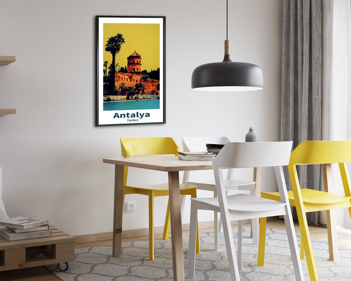 Antalya Turkey Historic Seaside Tower Palm Trees Vintage Travel Poster - Image 2