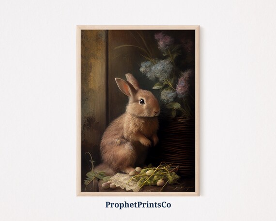 Brown Bunny Rabbit With Lilac Flowers Vintage Oil Painting Poster