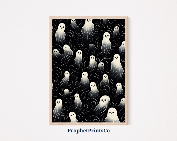 Spooky Ghosts With Smoky Swirls On Black Halloween Art Poster