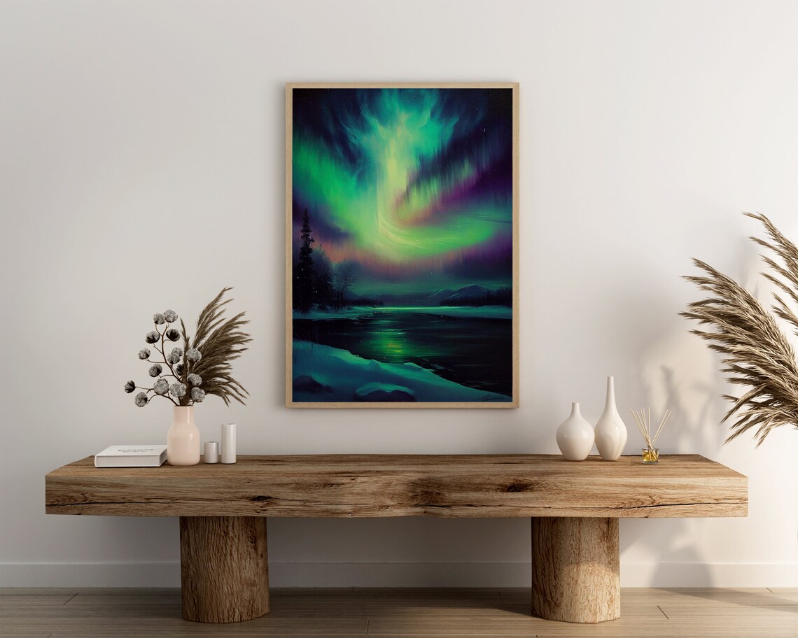 Purple and Green Aurora Borealis Over a Frozen Night Lake Poster - Image 3