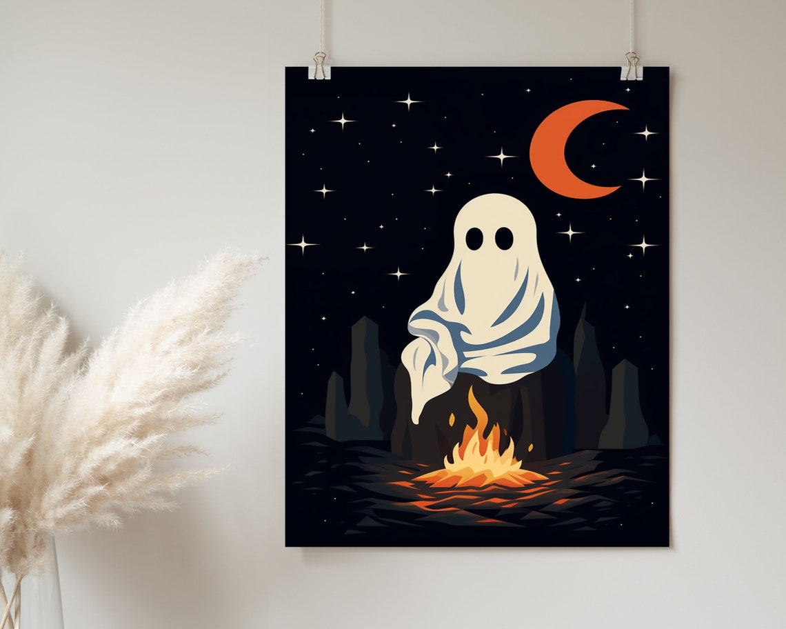 Cute Ghost Campfire Under Starry Night Moon Halloween Poster - Image 2