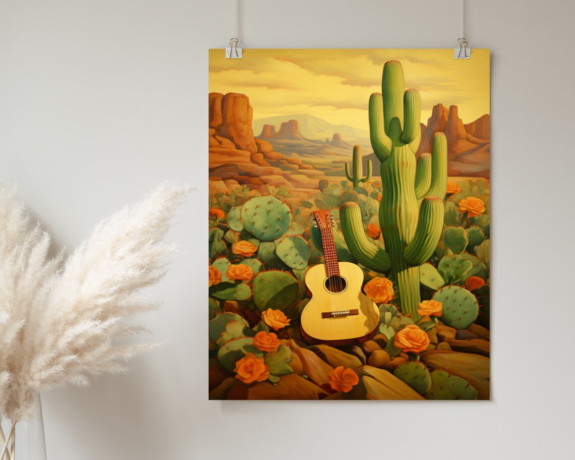 Guitar by Giant Saguaro at Desert Sunset Mexican Cactus Landscape Painting Poster - Image 2