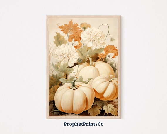 White Pumpkins With Autumn Flowers Muted Fall Harvest Poster