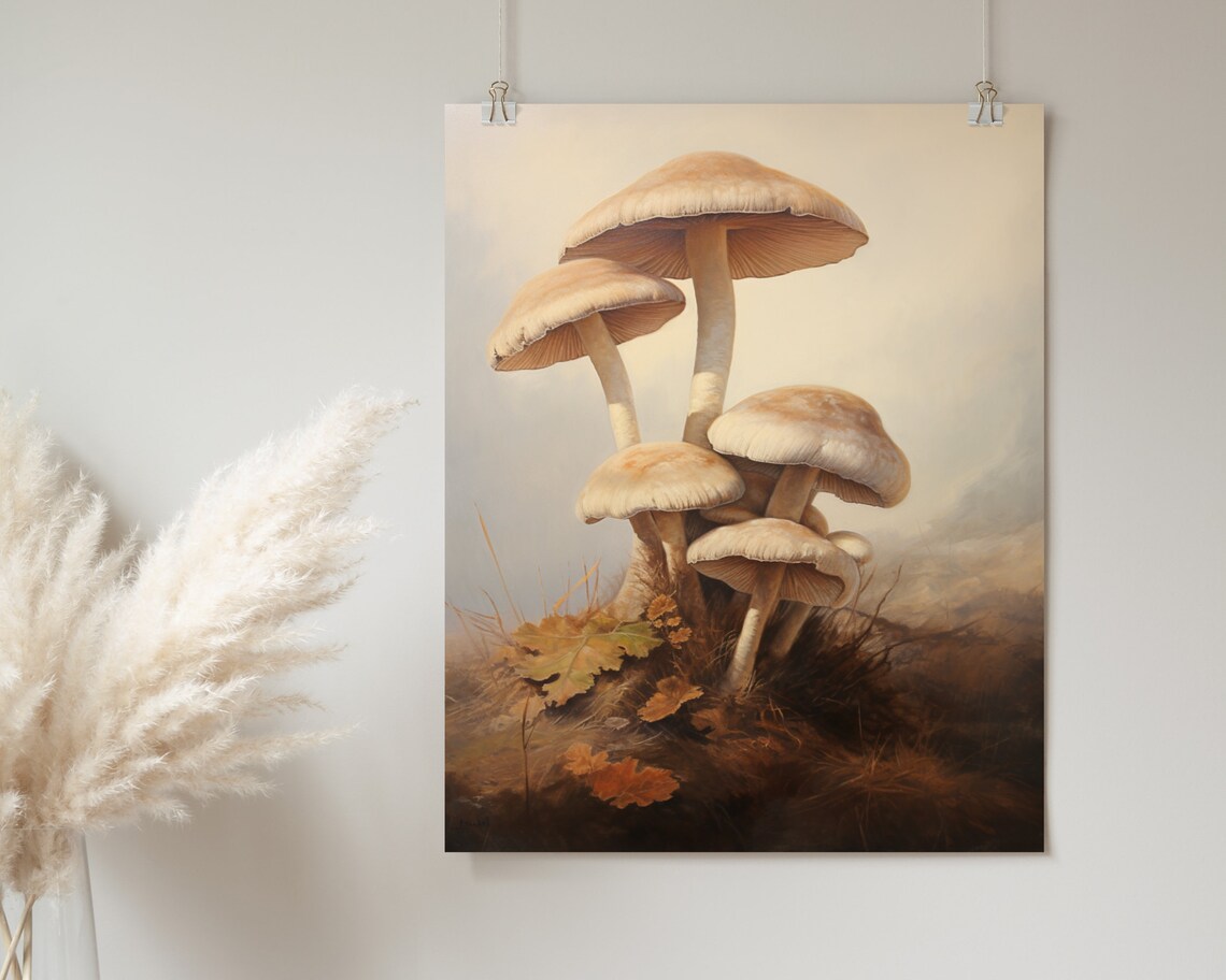 Tan Mushroom Cluster with Autumn Leaves Vintage Forest Floor Painting Poster - Image 2