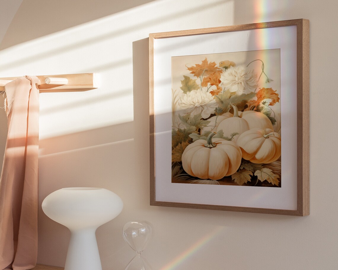 White Pumpkins With Autumn Flowers Muted Fall Harvest Poster - Image 3