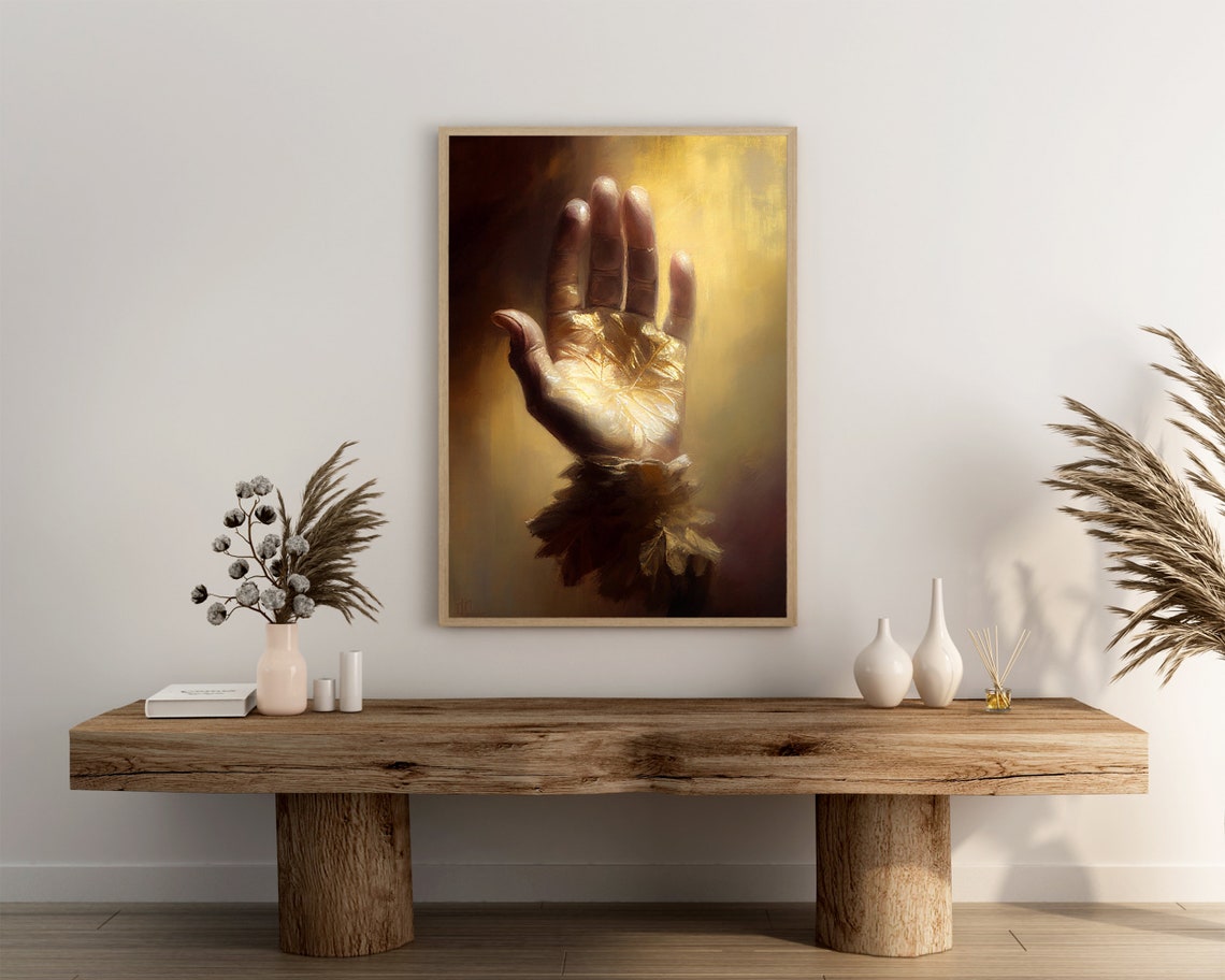 Open Hand Reaching into Warm Golden Light Oil Painting Poster - Image 3