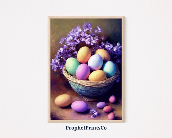 Pastel Easter Eggs in a Woven Basket With Lilac Flowers Poster