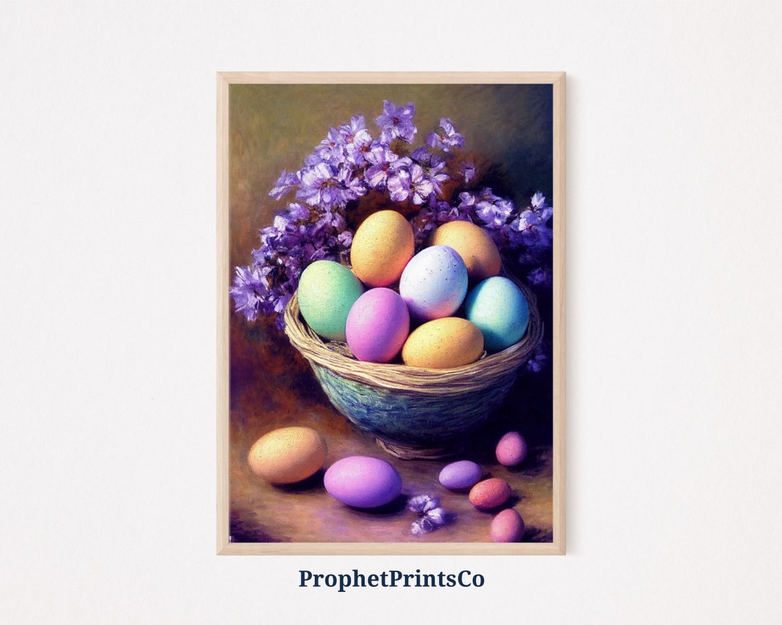 Pastel Easter Eggs in a Woven Basket With Lilac Flowers Poster