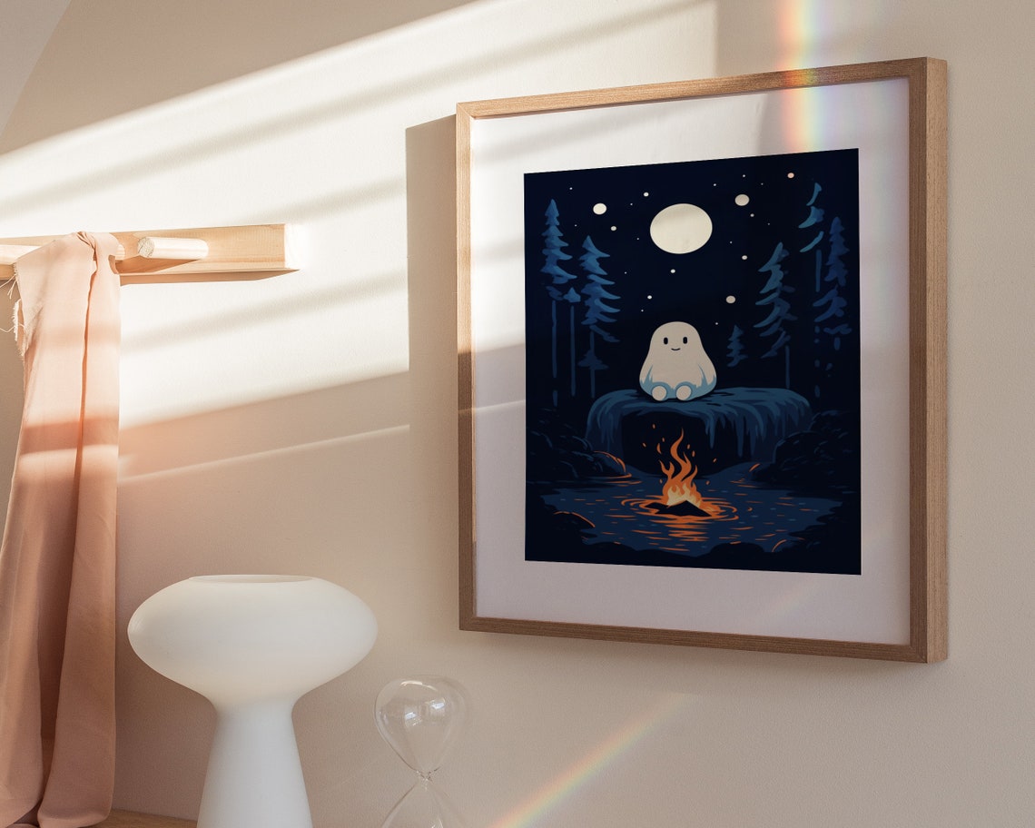 Cute Ghost By Campfire Under Full Moon Forest Night Art Poster - Image 3