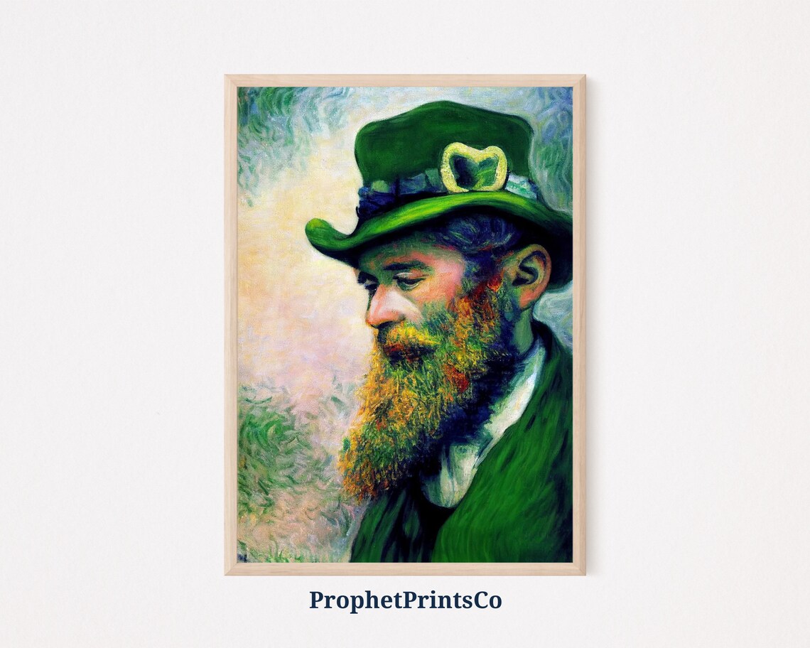 Bearded Irishman Green Top Hat Gold Heart Buckle Portrait Art Poster