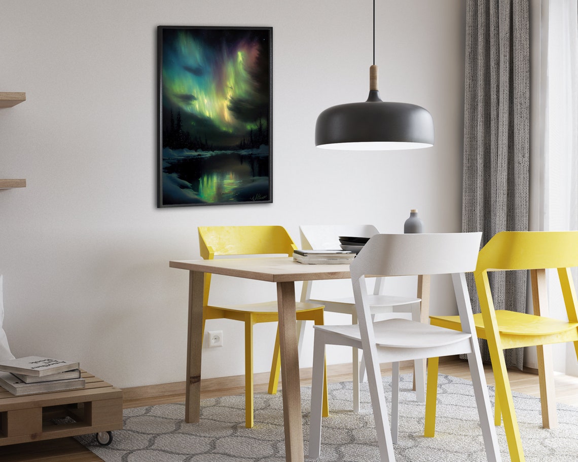 Aurora Borealis Dancing Over a Snowy Lake and Pine Forest Poster - Image 2
