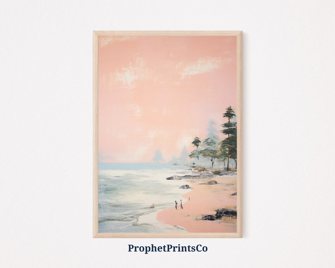 Serene Pink Beach Couple Strolling Pastel Coastal Sunset Art Poster