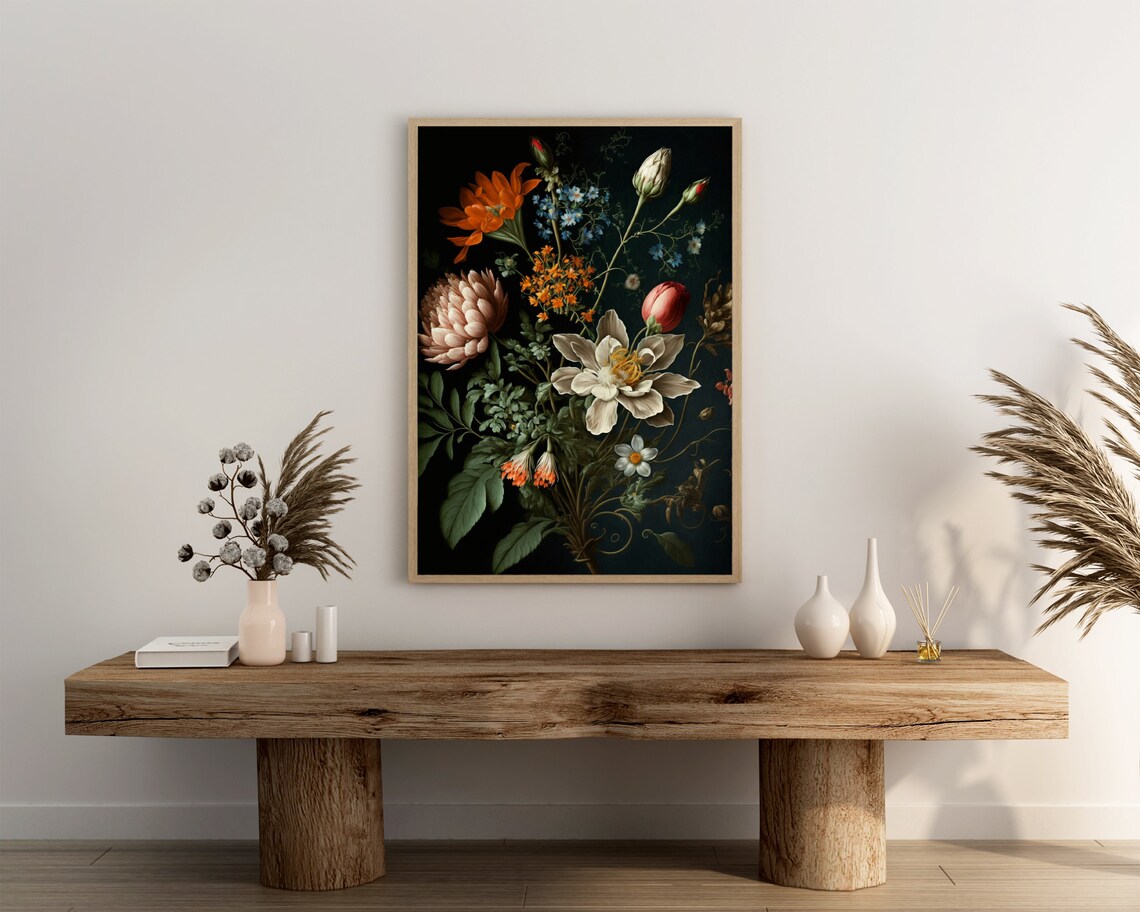 Orange Lily White Dahlia Tulip Moody Dark Botanical Art Poster - Image 3