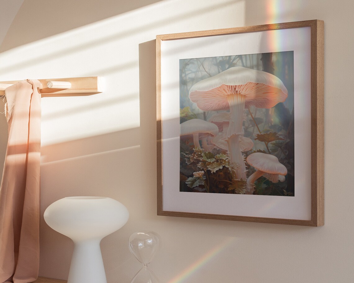 Giant Blush Mushrooms in Foggy Woodland Fairytale Forest Painting Poster - Image 3