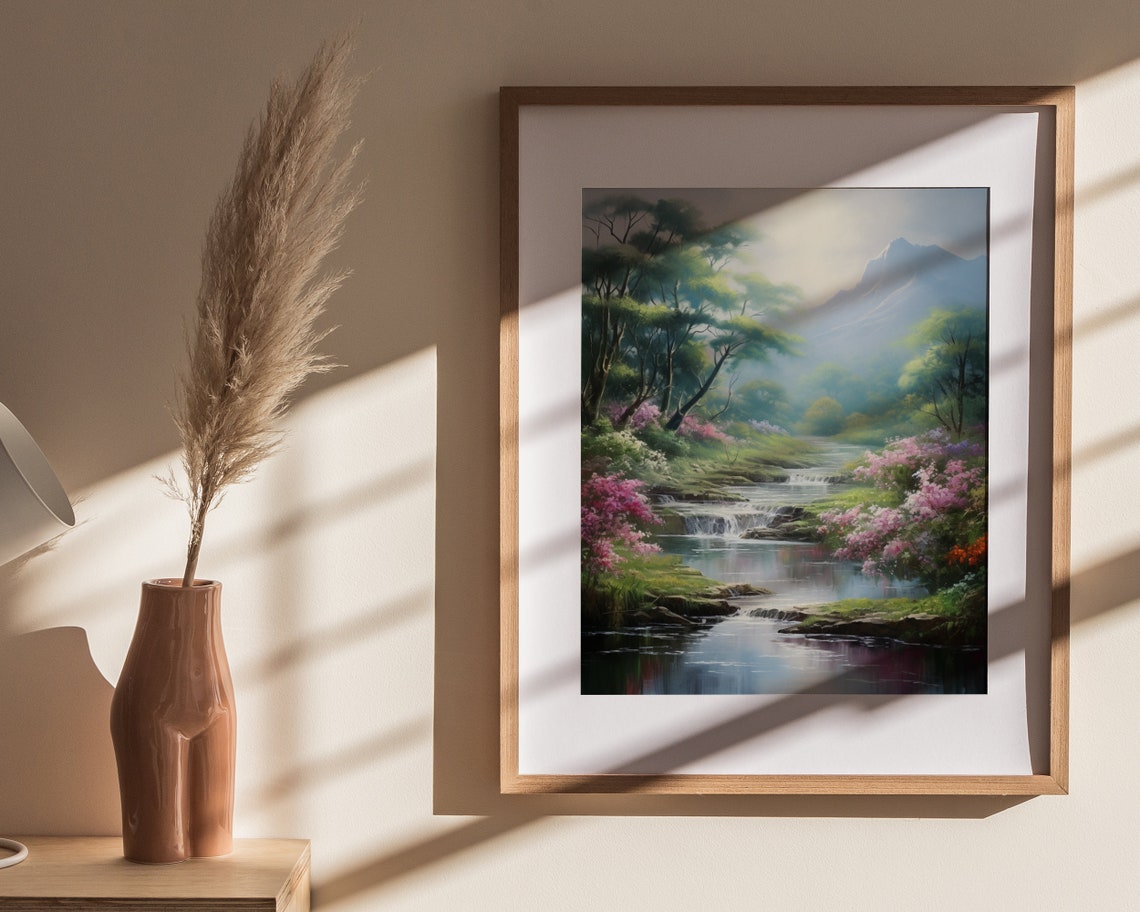Forest Stream Waterfalls Pink Blossom Mountain Painting Poster - Image 4