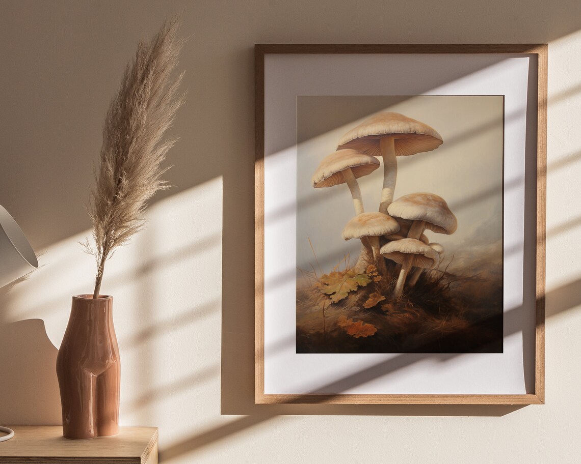 Tan Mushroom Cluster with Autumn Leaves Vintage Forest Floor Painting Poster - Image 4