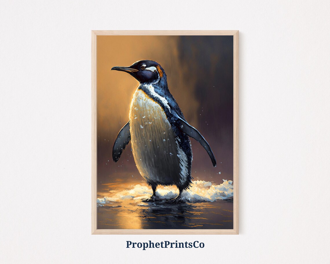 Penguin on Icy Shore Golden Sunset Glow Wildlife Nature Poster