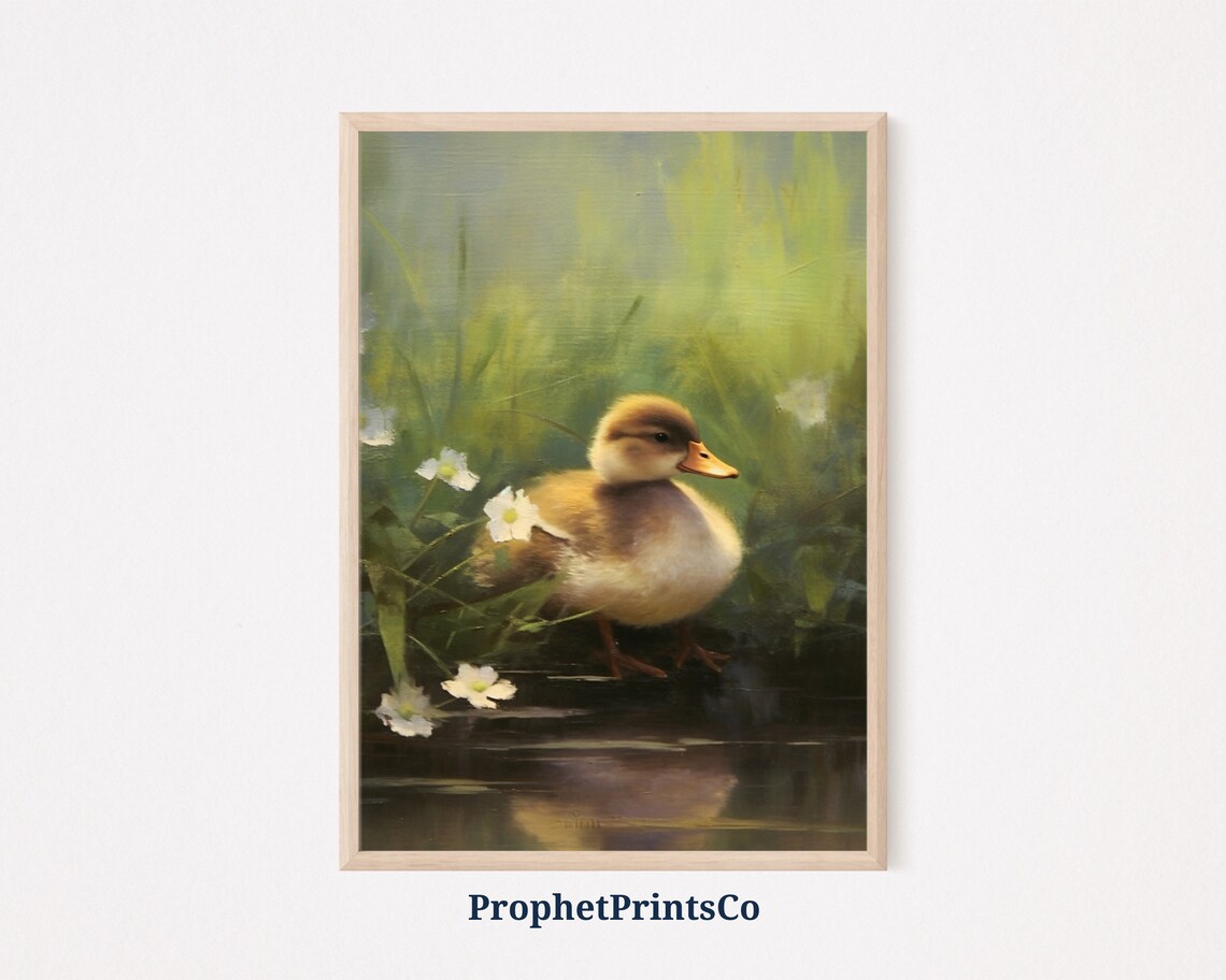 Cute Duckling Standing Among White Flowers Oil Painting Poster
