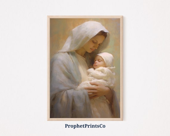 Soft Tonal Mother Oil Painting Print Nursery Wall Art Gift For New Mom Christian Home Decor Wall Art