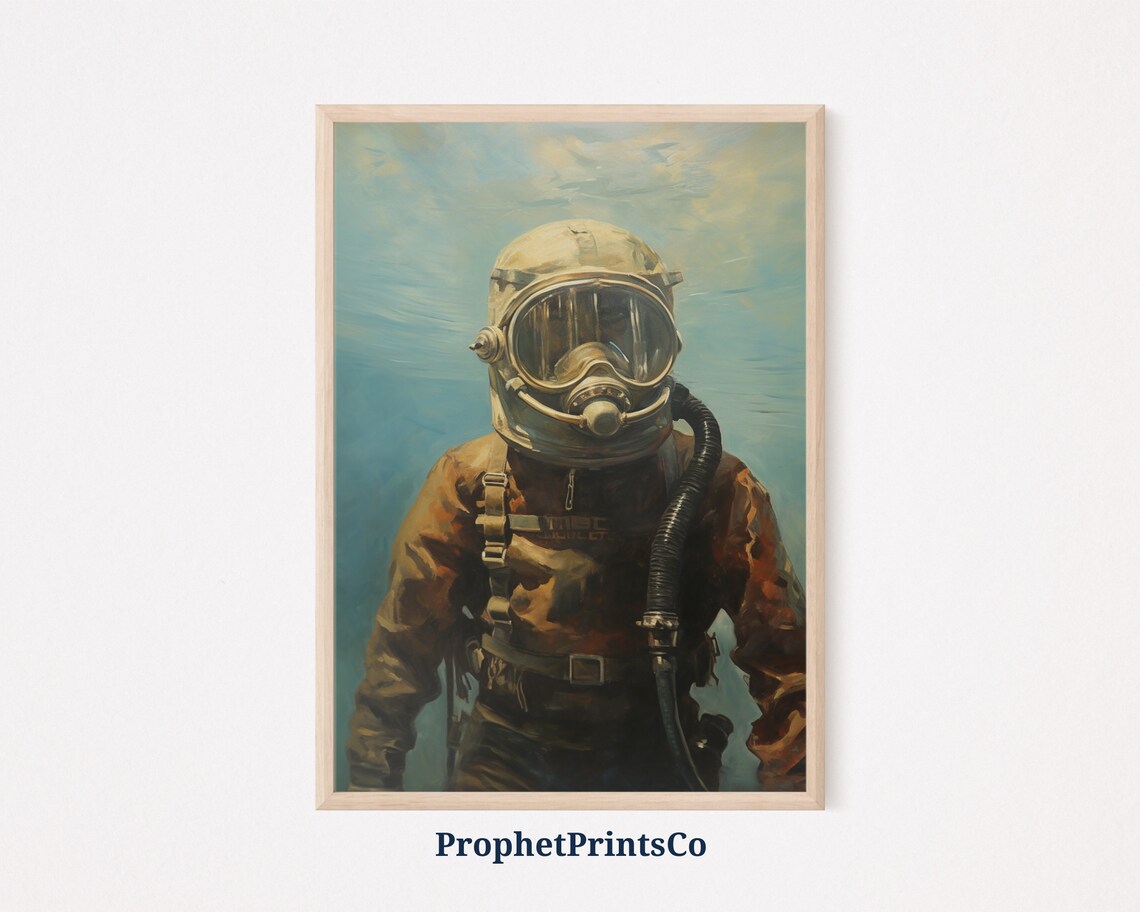 Vintage Scuba Diver Helmet Portrait Underwater Painting Poster