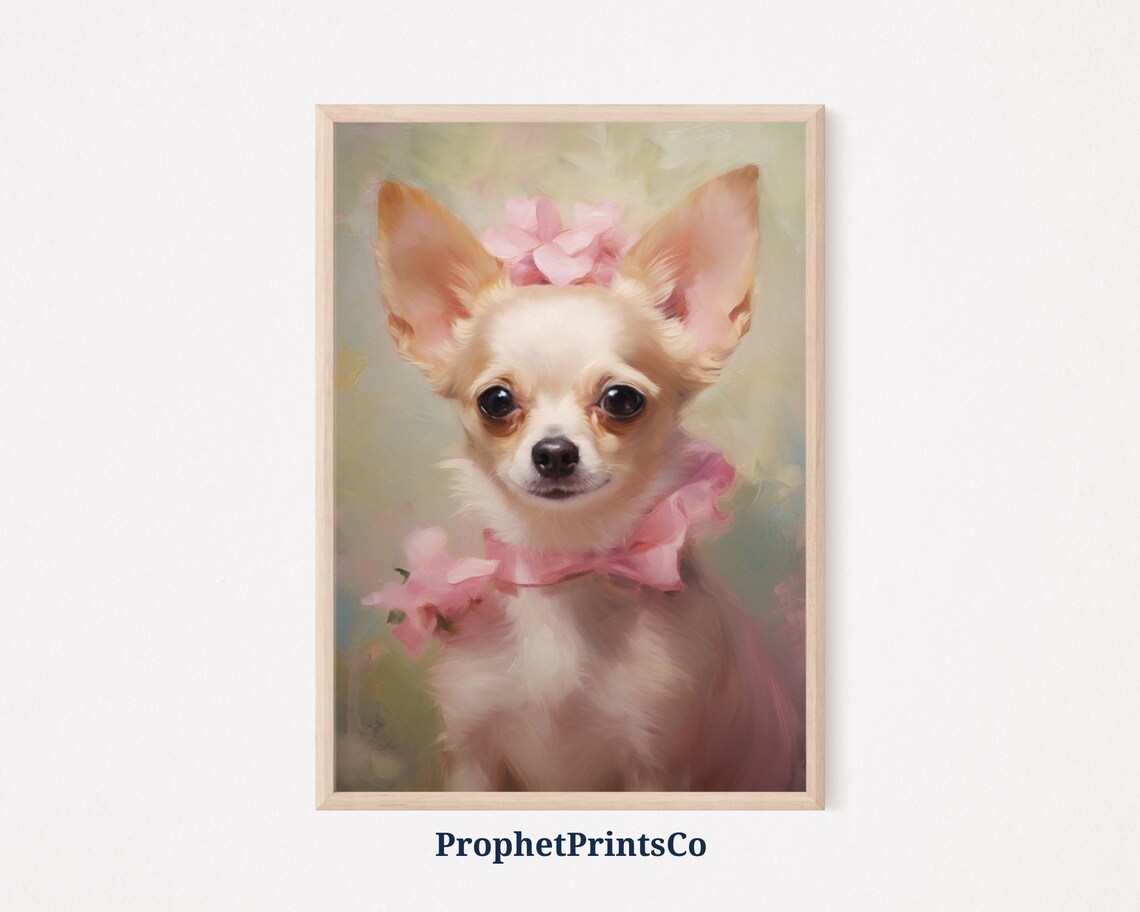 Chihuahua With Pink Bow Cute Floral Small Dog Portrait Art Poster