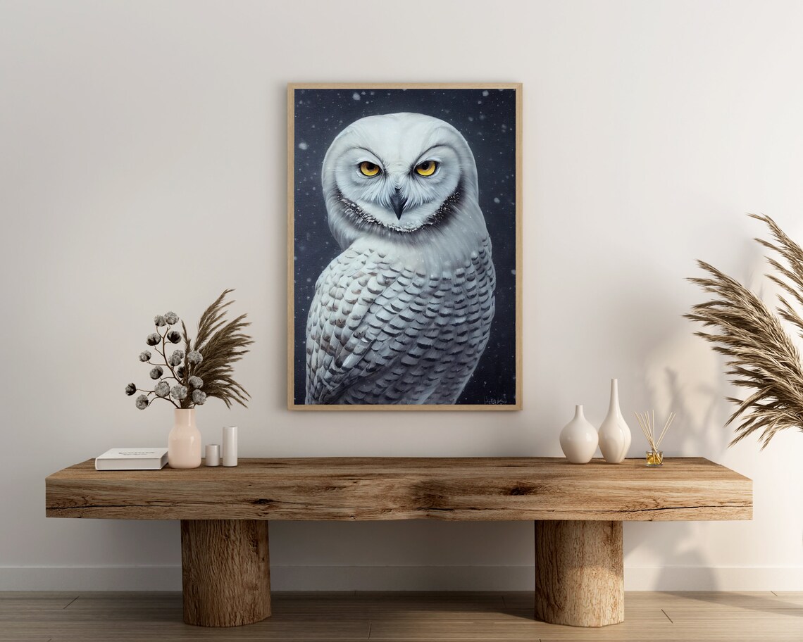 Snowy Owl In Falling Snow Winter Bird Portrait Golden Eyes Poster - Image 3