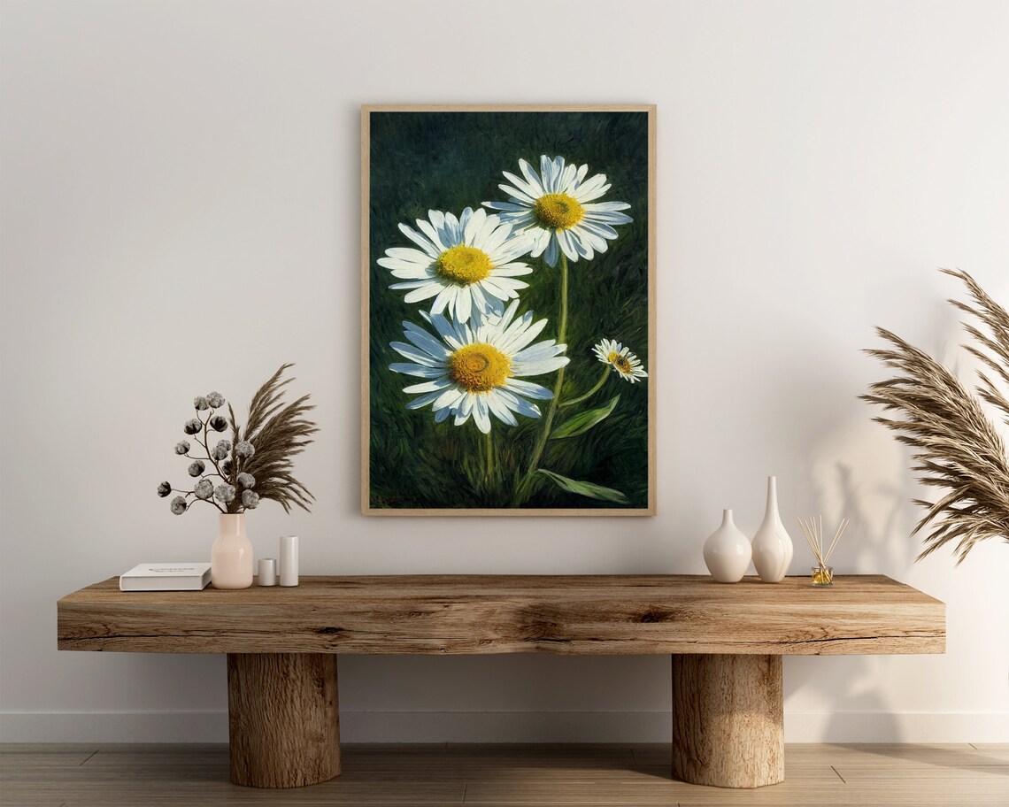Three White Daisies With Yellow Centers Oil Painting Dark Green Art Poster - Image 3