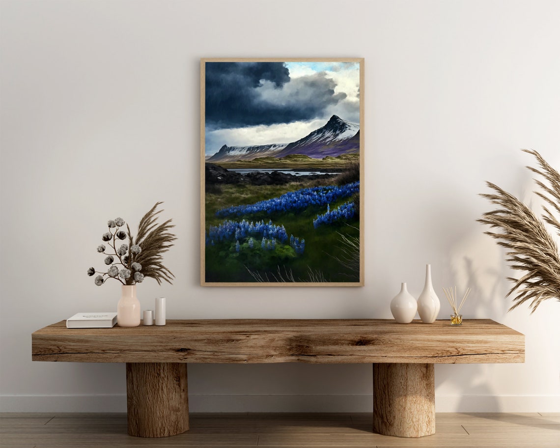 Stormy Sky Over Snowy Peaks and Blue Lupine Flower Meadow Poster - Image 3