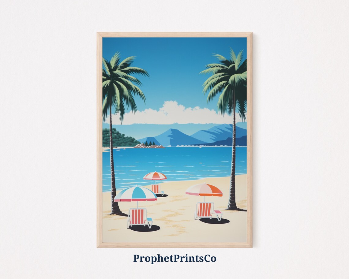 Retro Tropical Beach Palm Trees Umbrellas Blue Ocean Travel Poster