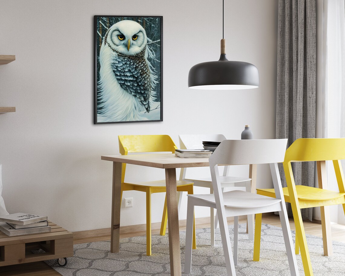 White Owl In Snowy Forest Winter Wildlife Portrait Painting Poster - Image 2