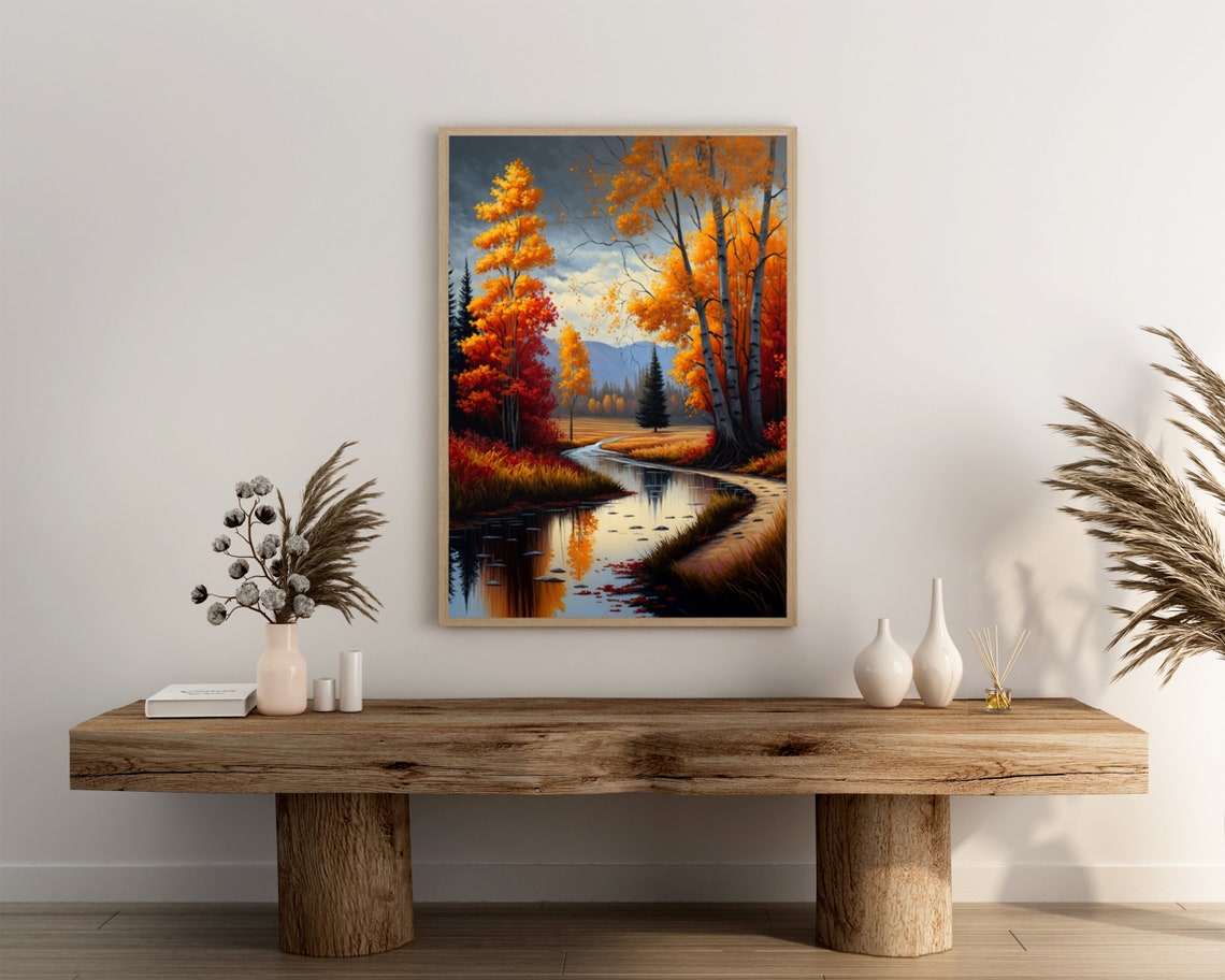 Golden Aspen Grove By Reflective Stream Autumn Landscape Poster - Image 3