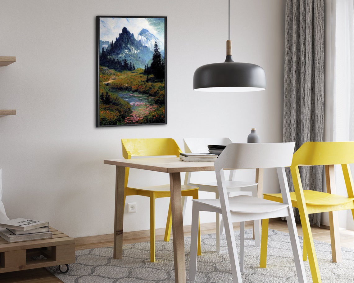 Snowy Alpine Peaks Above a Flower Lined Stream Impressionist Poster - Image 2